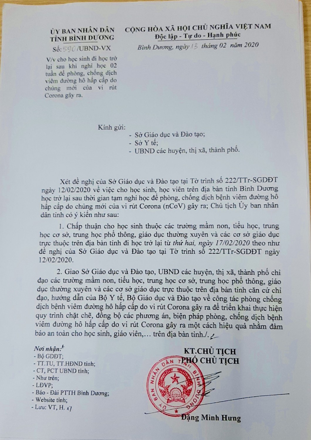 Thông báo về việc đi học lại của các bé